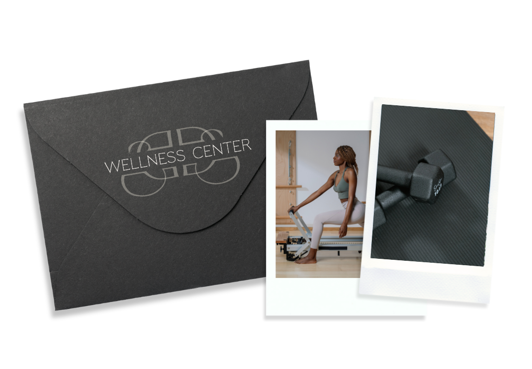 Envelope with Dr. Salas Wellness Center Lettermark, photo of woman doing pilates, photo of dumbbells